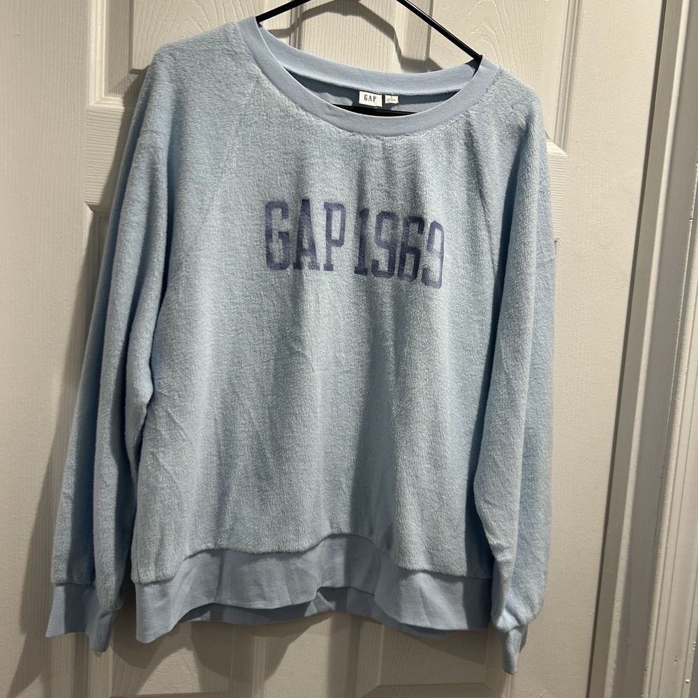 GAP 1969 Womens Large Light Blue Plush Fuzz Knit Fleece Crewneck Sweatshirt